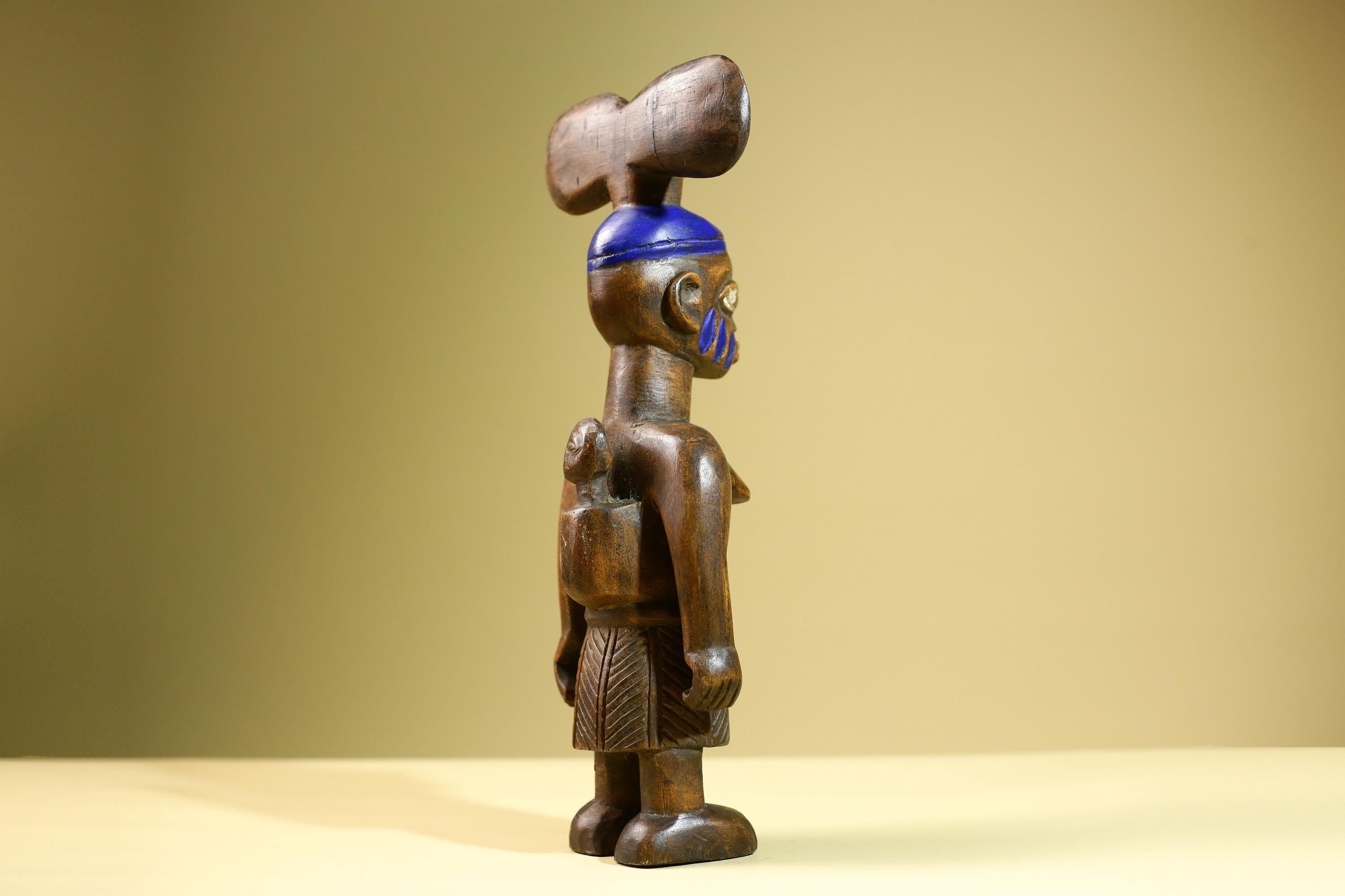 African Female Statue Tribal Mother Child Carved Wood Sculpture with Blue Headdress Handcrafted West African Figurine Art Decor-G5820