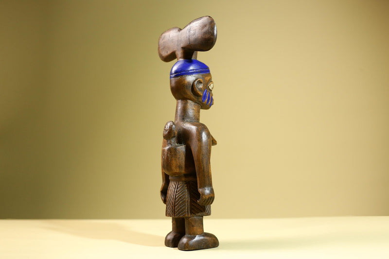 African Female Statue Tribal Mother Child Carved Wood Sculpture with Blue Headdress Handcrafted West African Figurine Art Decor-G5820