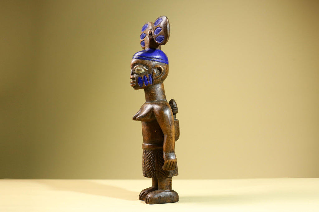 African Female Statue Tribal Mother Child Carved Wood Sculpture with Blue Headdress Handcrafted West African Figurine Art Decor-G5820