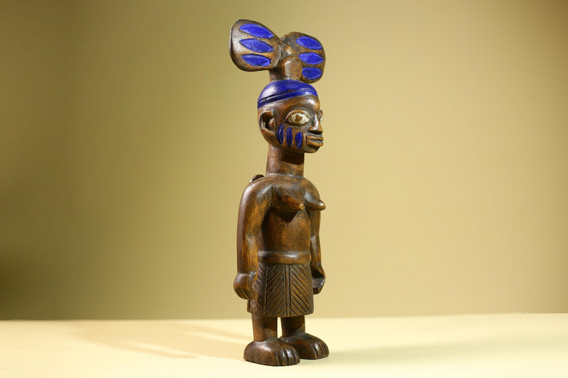 African Female Statue Tribal Mother Child Carved Wood Sculpture with Blue Headdress Handcrafted West African Figurine Art Decor-G5820