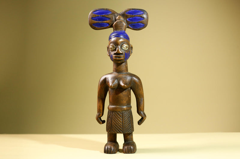African Female Statue Tribal Mother Child Carved Wood Sculpture with Blue Headdress Handcrafted West African Figurine Art Decor-G5820