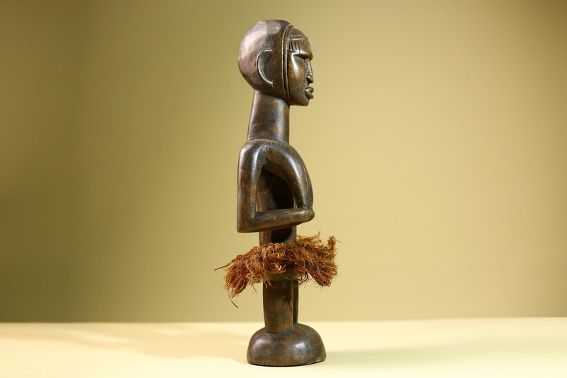 African Tribal Statue Hand Carved Wood Female Figure Sculpture with Raffia Skirt Authentic Vintage Ethnic Art Decor Collectible-G5823