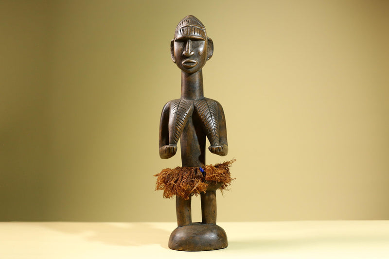African Tribal Statue Hand Carved Wood Female Figure Sculpture with Raffia Skirt Authentic Vintage Ethnic Art Decor Collectible-G5823