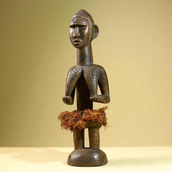 African Tribal Statue Hand Carved Wood Female Figure Sculpture with Raffia Skirt Authentic Vintage Ethnic Art Decor Collectible-G5823
