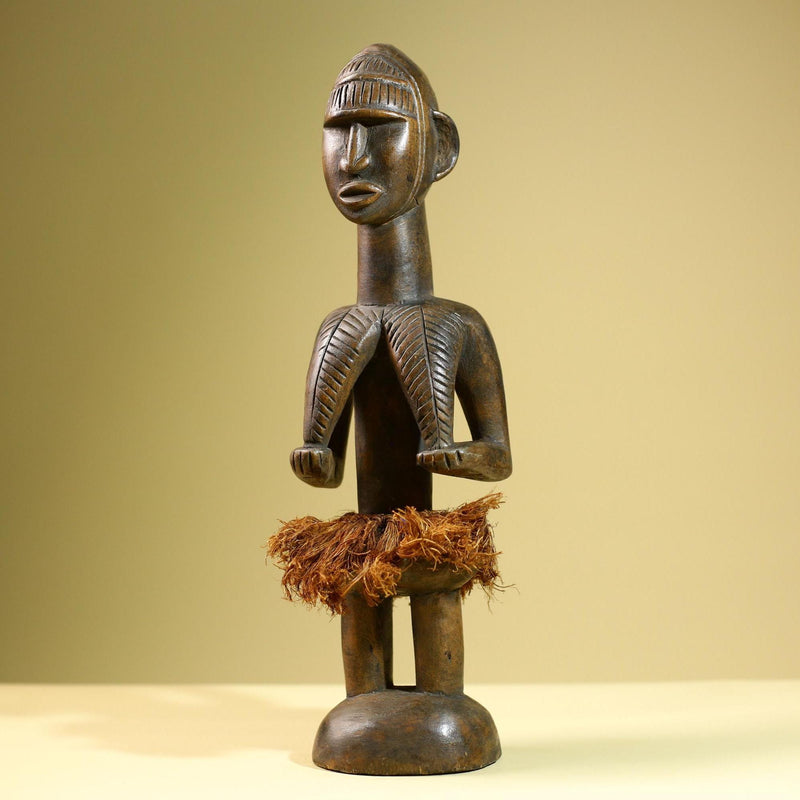 African Tribal Statue Hand Carved Wood Female Figure Sculpture with Raffia Skirt Authentic Vintage Ethnic Art Decor Collectible-G5823