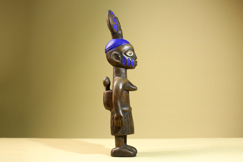 African Female Statue with Child Yoruba Style Hand Carved Wood Tribal Figure Blue Painted Headdress Cultural Home Art Decor-G5824