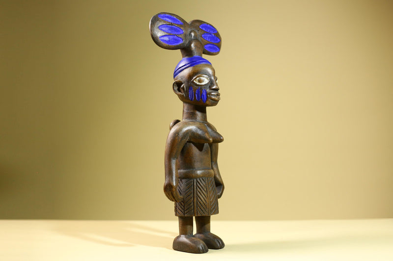African Female Statue with Child Yoruba Style Hand Carved Wood Tribal Figure Blue Painted Headdress Cultural Home Art Decor-G5824