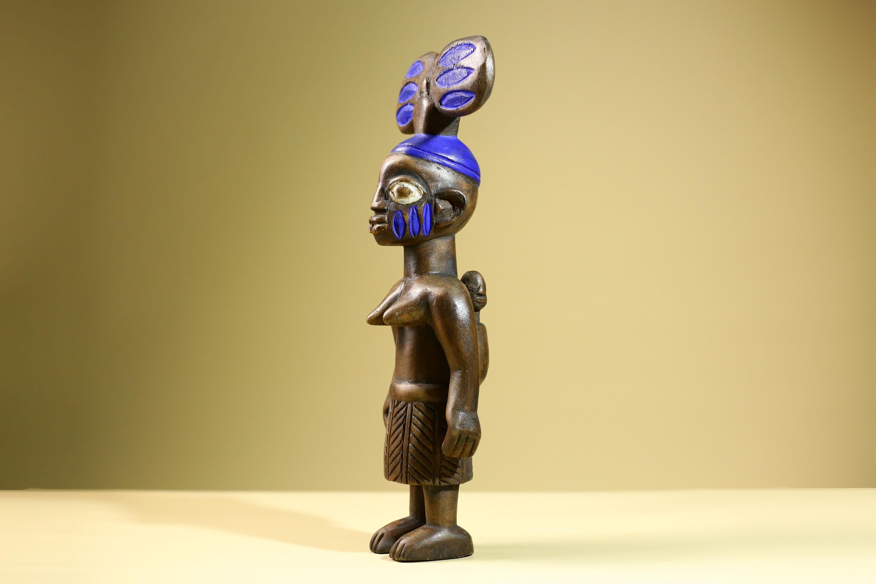 African Female Statue with Child Yoruba Style Hand Carved Wood Tribal Figure Blue Painted Headdress Cultural Home Art Decor-G5824