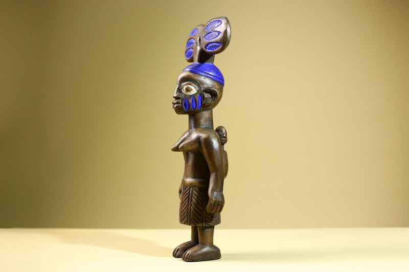 African Female Statue with Child Yoruba Style Hand Carved Wood Tribal Figure Blue Painted Headdress Cultural Home Art Decor-G5824