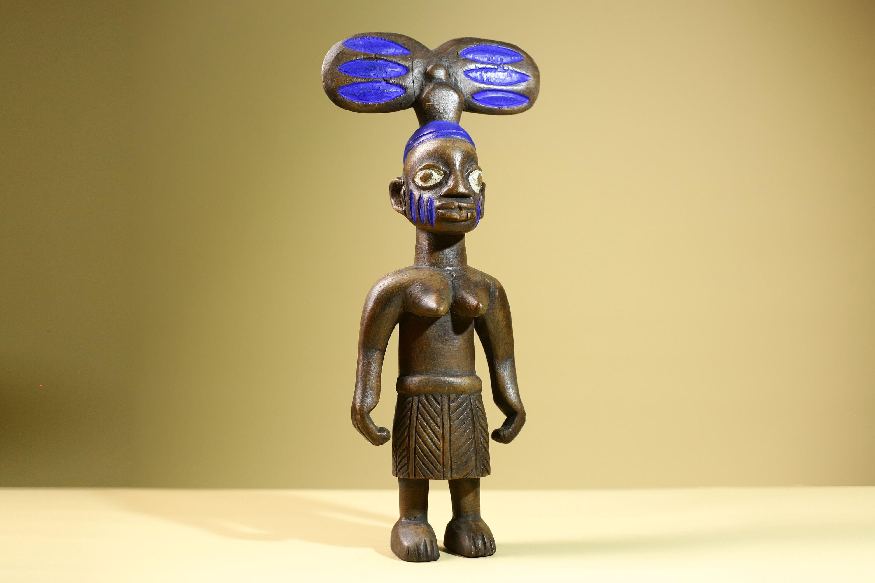 African Female Statue with Child Yoruba Style Hand Carved Wood Tribal Figure Blue Painted Headdress Cultural Home Art Decor-G5824