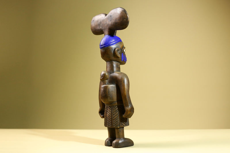 African Female Statue with Child Yoruba Style Hand Carved Wood Tribal Figure Blue Painted Headdress Cultural Home Art Decor-G5824