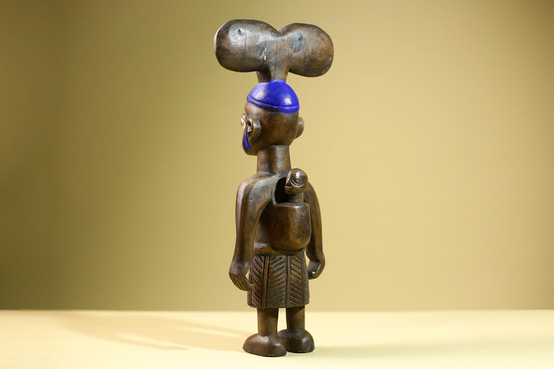 African Female Statue with Child Yoruba Style Hand Carved Wood Tribal Figure Blue Painted Headdress Cultural Home Art Decor-G5824