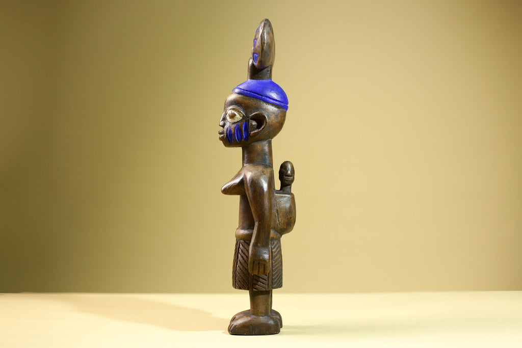 African Female Statue with Child Yoruba Style Hand Carved Wood Tribal Figure Blue Painted Headdress Cultural Home Art Decor-G5824