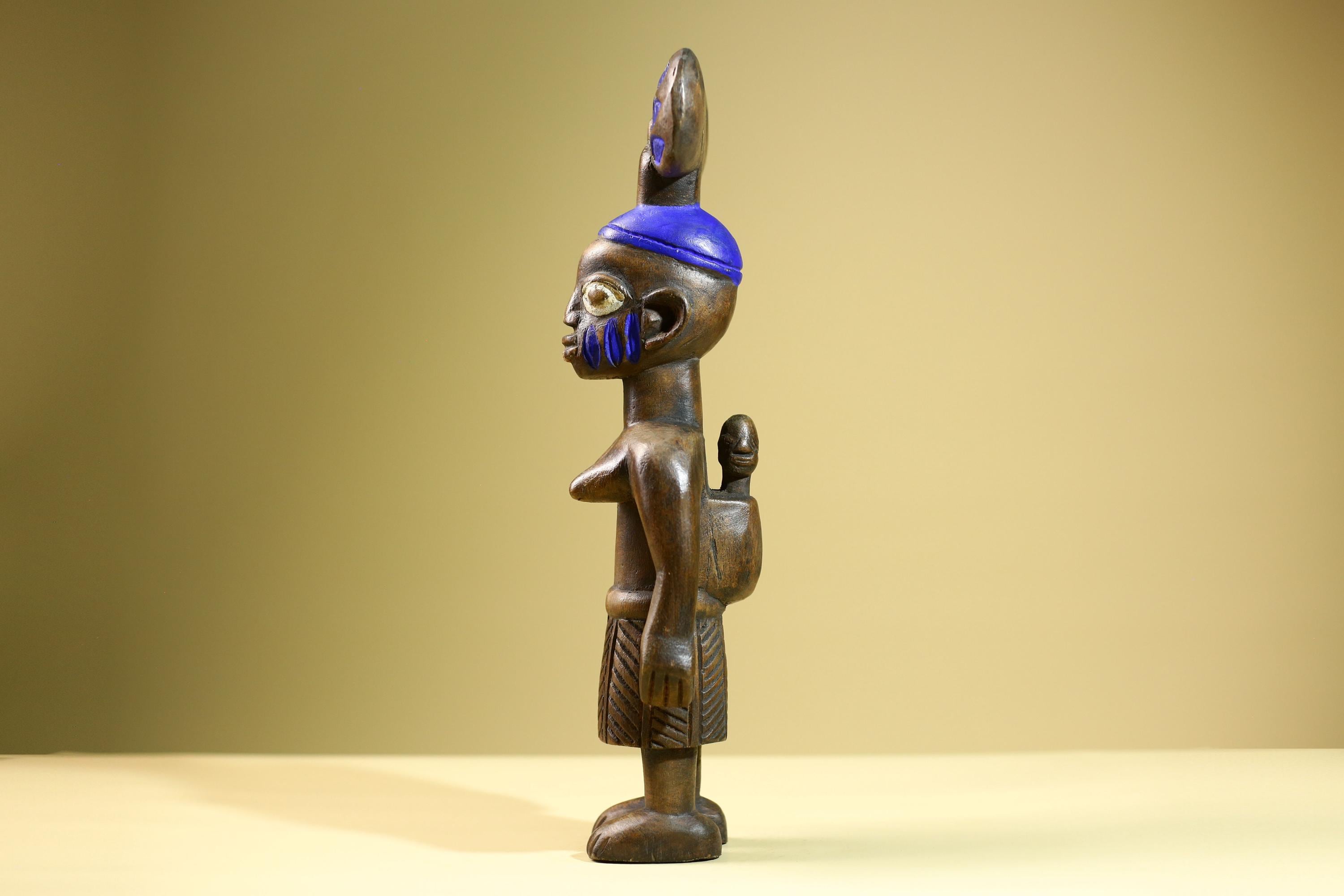 African Female Statue with Child Yoruba Style Hand Carved Wood Tribal Figure Blue Painted Headdress Cultural Home Art Decor-G5824