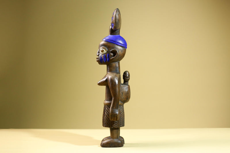 African Female Statue with Child Yoruba Style Hand Carved Wood Tribal Figure Blue Painted Headdress Cultural Home Art Decor-G5824