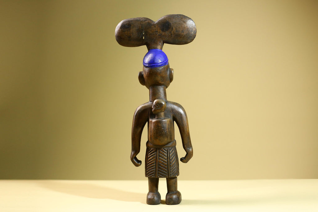 African Female Statue with Child Yoruba Style Hand Carved Wood Tribal Figure Blue Painted Headdress Cultural Home Art Decor-G5824