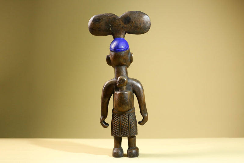 African Female Statue with Child Yoruba Style Hand Carved Wood Tribal Figure Blue Painted Headdress Cultural Home Art Decor-G5824
