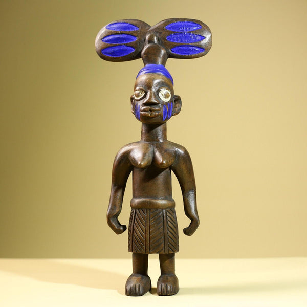 African Female Statue with Child Yoruba Style Hand Carved Wood Tribal Figure Blue Painted Headdress Cultural Home Art Decor-G5824