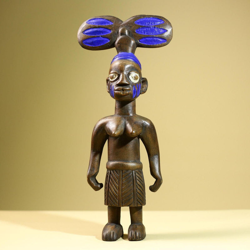 African Female Statue with Child Yoruba Style Hand Carved Wood Tribal Figure Blue Painted Headdress Cultural Home Art Decor-G5824