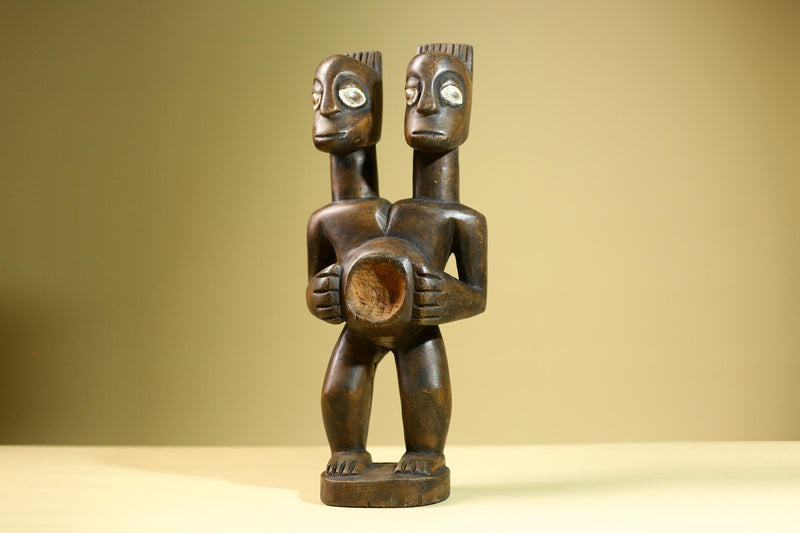 African Double Headed Tribal Figure Hand Carved Wood Ritual Statue West African Art Unique Vintage Home Decor -G5826