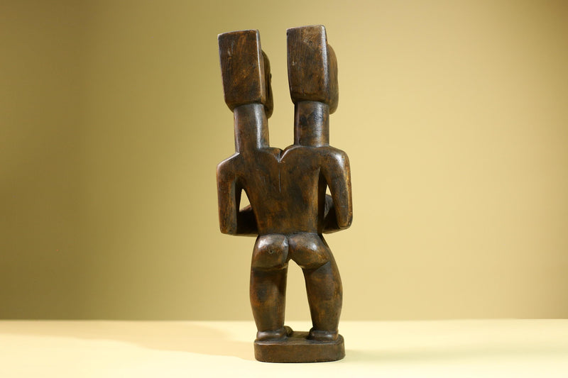 African Double Headed Tribal Figure Hand Carved Wood Ritual Statue West African Art Unique Vintage Home Decor -G5826