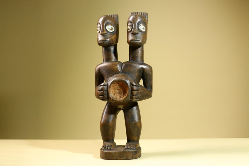 African Double Headed Tribal Figure Hand Carved Wood Ritual Statue West African Art Unique Vintage Home Decor -G5826