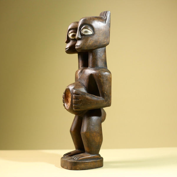 African Double Headed Tribal Figure Hand Carved Wood Ritual Statue West African Art Unique Vintage Home Decor -G5826