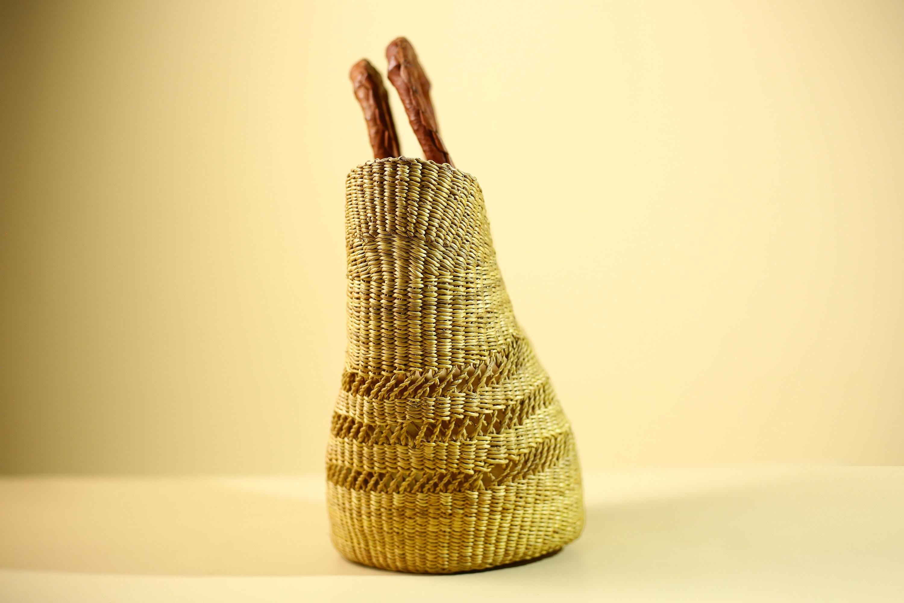 Handwoven Bolga Market Basket: Green Straw Tote Bag with Leather Handle-G5827