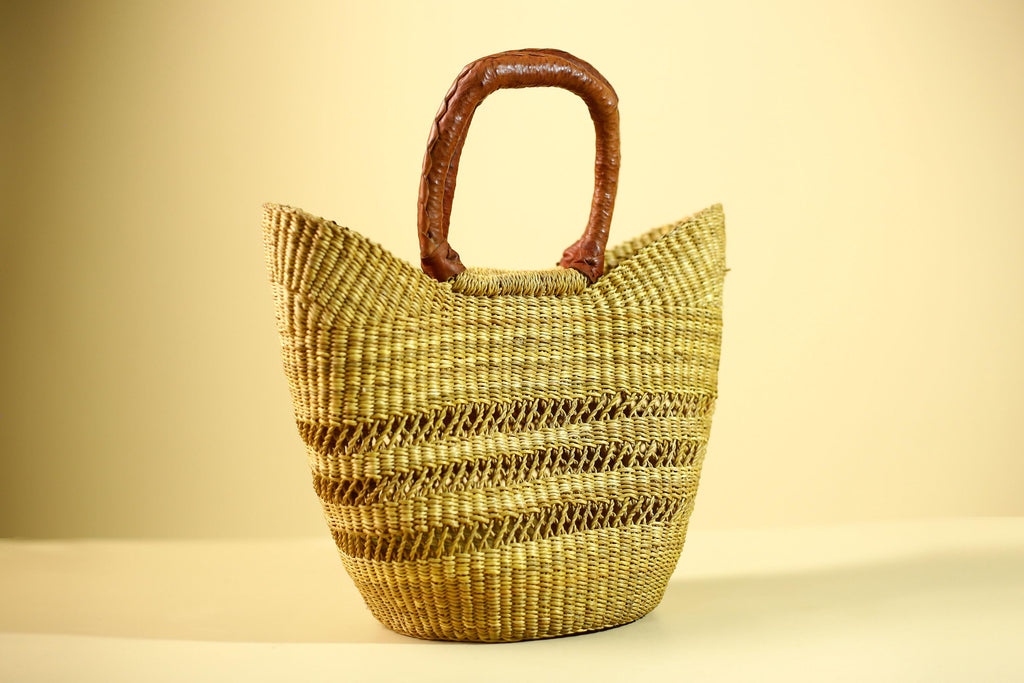 Handwoven Bolga Market Basket: Green Straw Tote Bag with Leather Handle-G5827