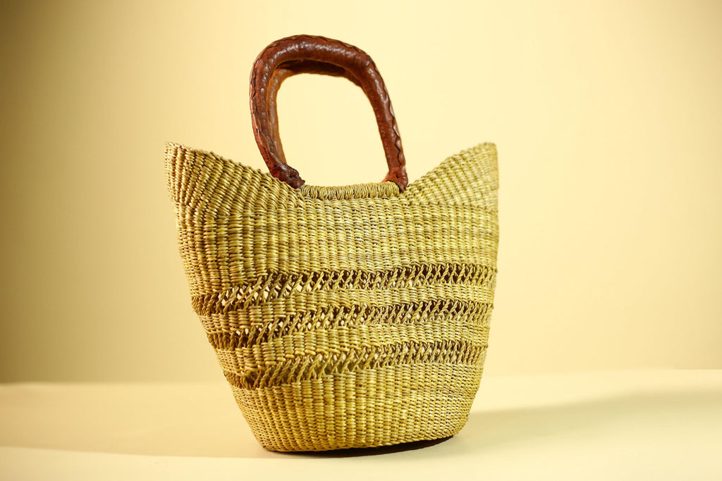 Handwoven Bolga Market Basket: Green Straw Tote Bag with Leather Handle-G5827