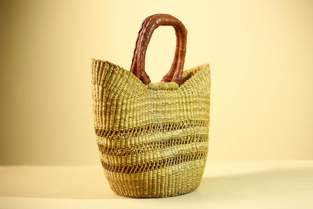 Handwoven Bolga Market Basket: Green Straw Tote Bag with Leather Handle-G5827
