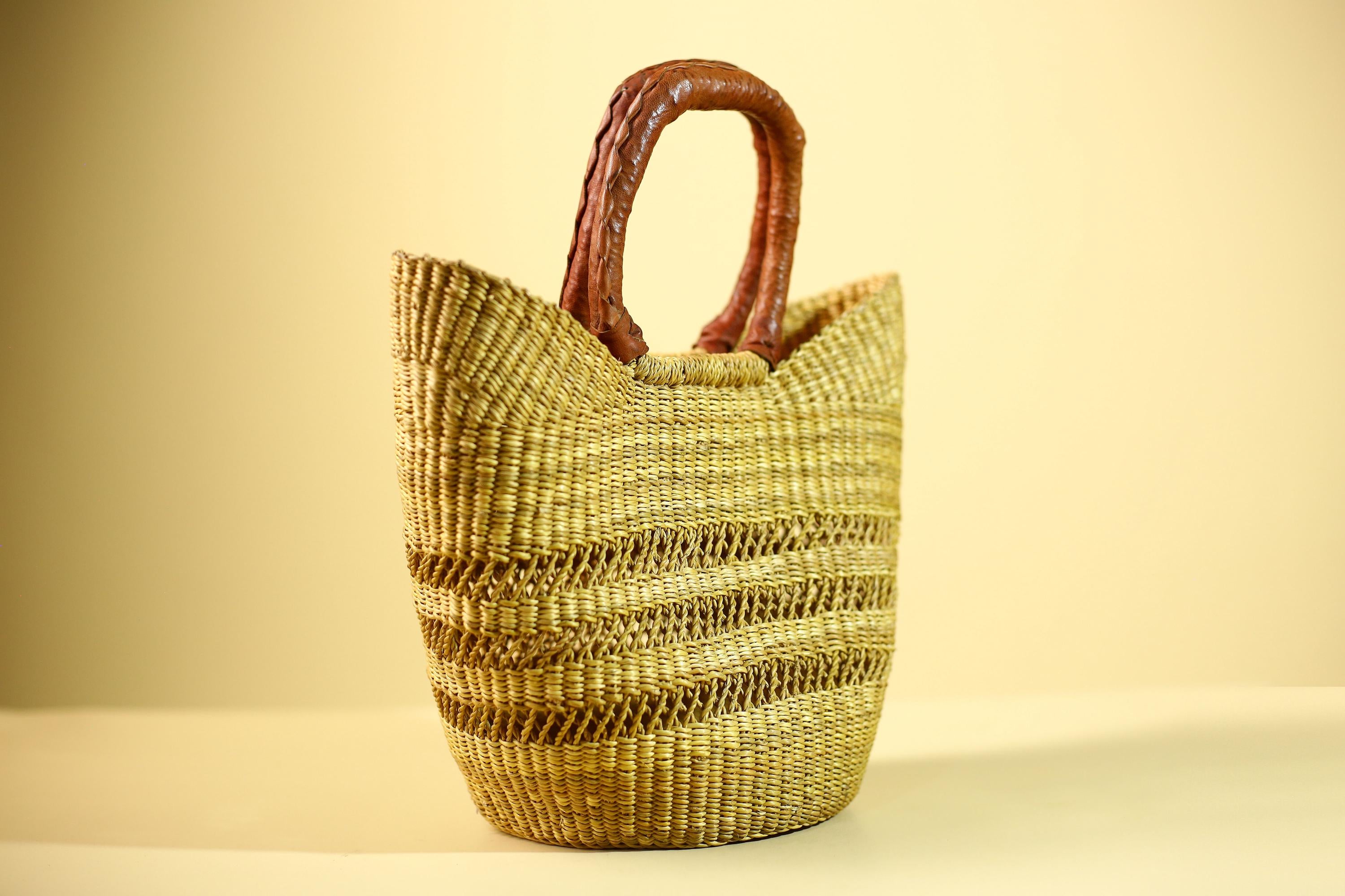 Handwoven Bolga Market Basket: Green Straw Tote Bag with Leather Handle-G5827