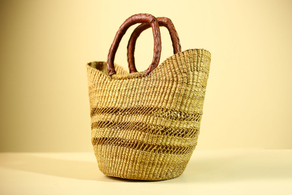 Handwoven Bolga Market Basket: Green Straw Tote Bag with Leather Handle-G5827