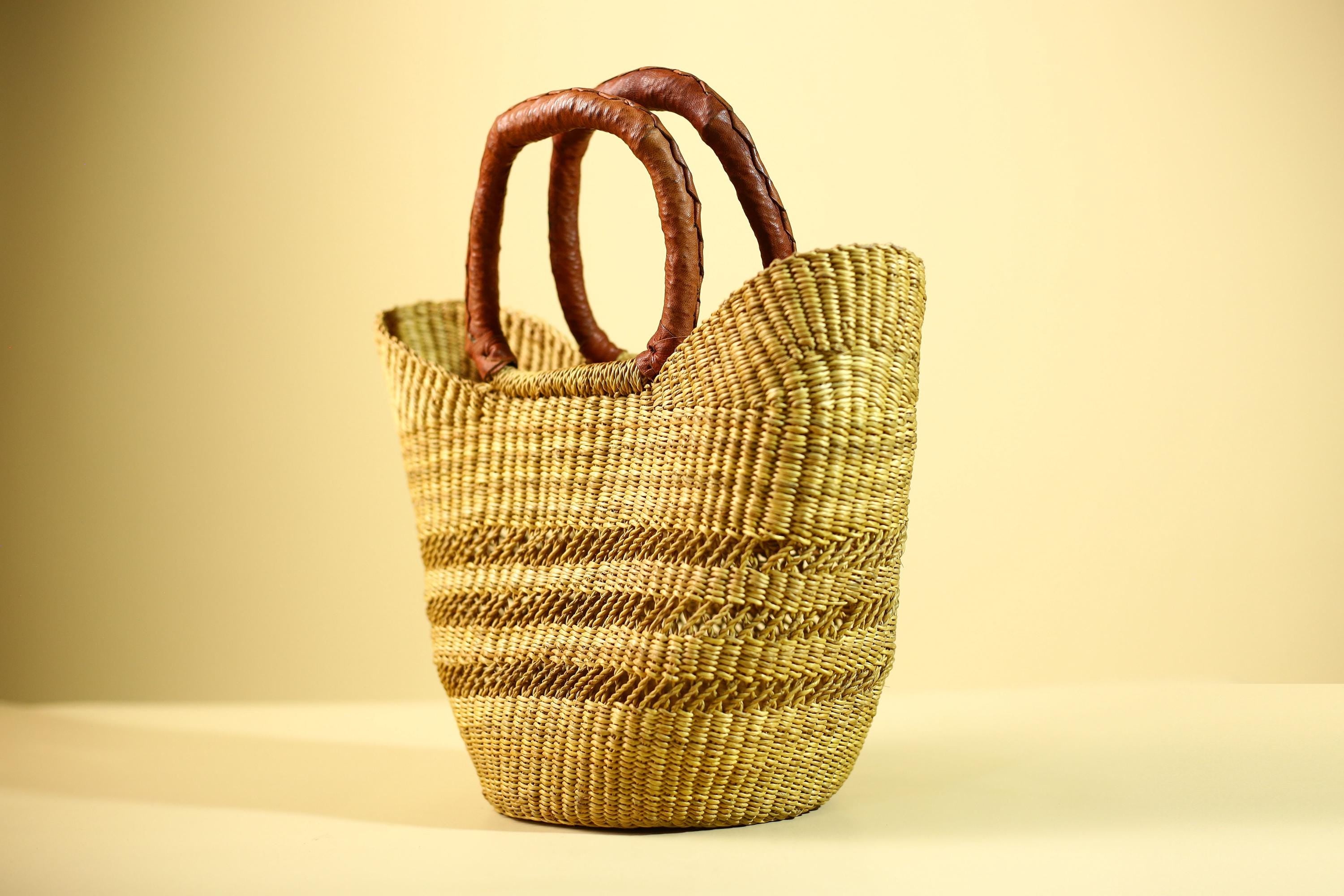 Handwoven Bolga Market Basket: Green Straw Tote Bag with Leather Handle-G5827