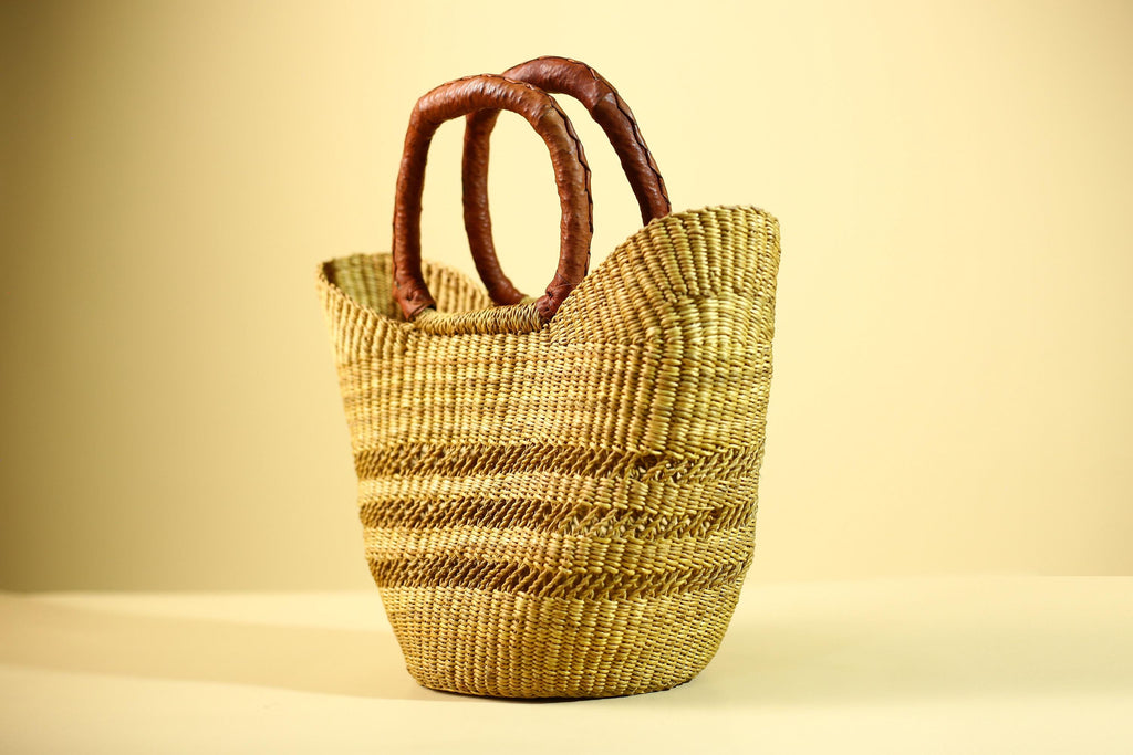 Handwoven Bolga Market Basket: Green Straw Tote Bag with Leather Handle-G5827