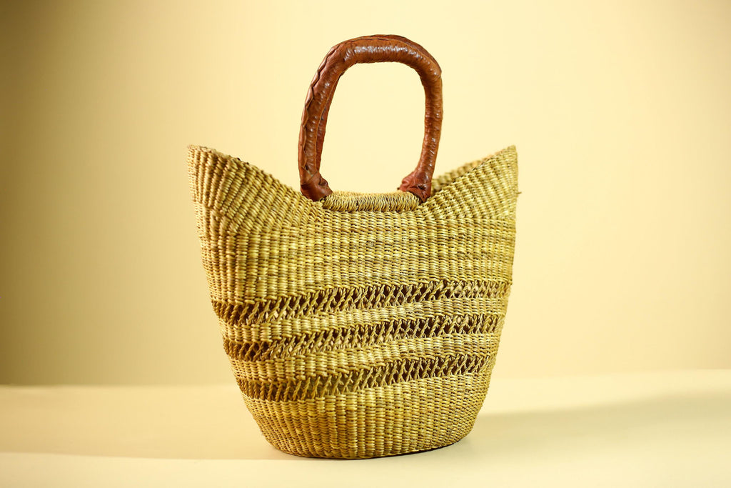 Handwoven Bolga Market Basket: Green Straw Tote Bag with Leather Handle-G5827
