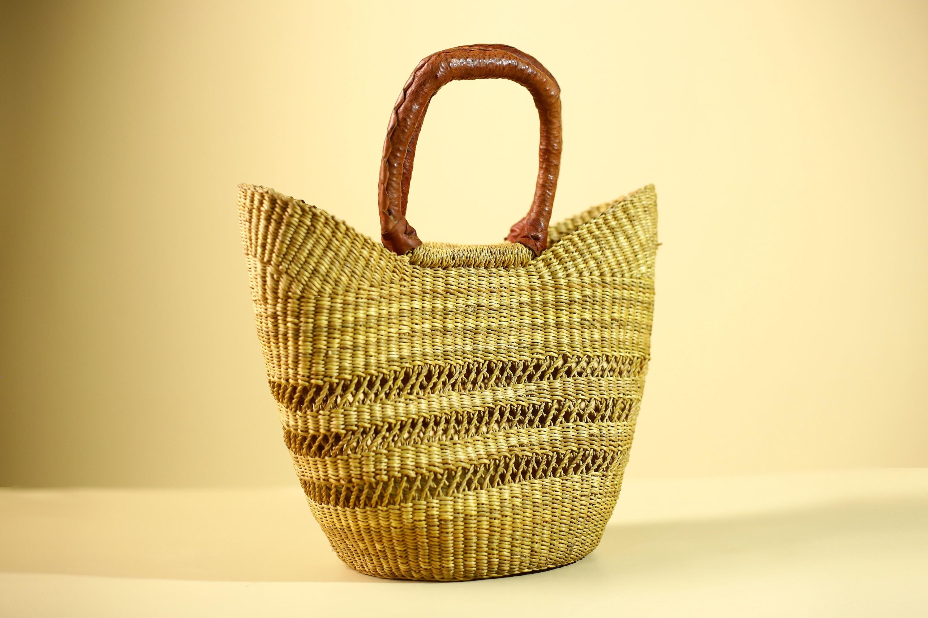 Handwoven Bolga Market Basket: Green Straw Tote Bag with Leather Handle-G5827