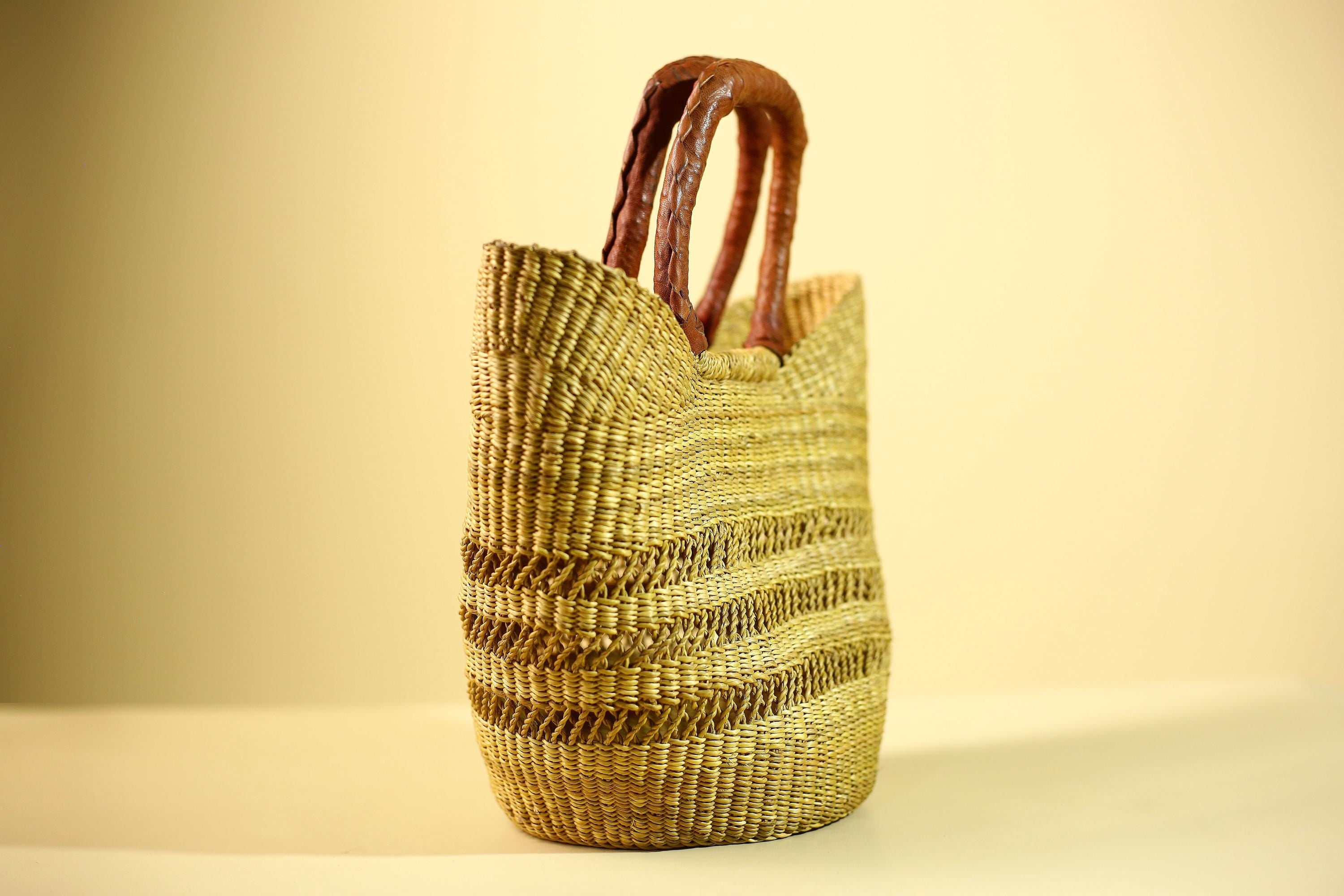Handwoven Bolga Market Basket: Green Straw Tote Bag with Leather Handle-G5827