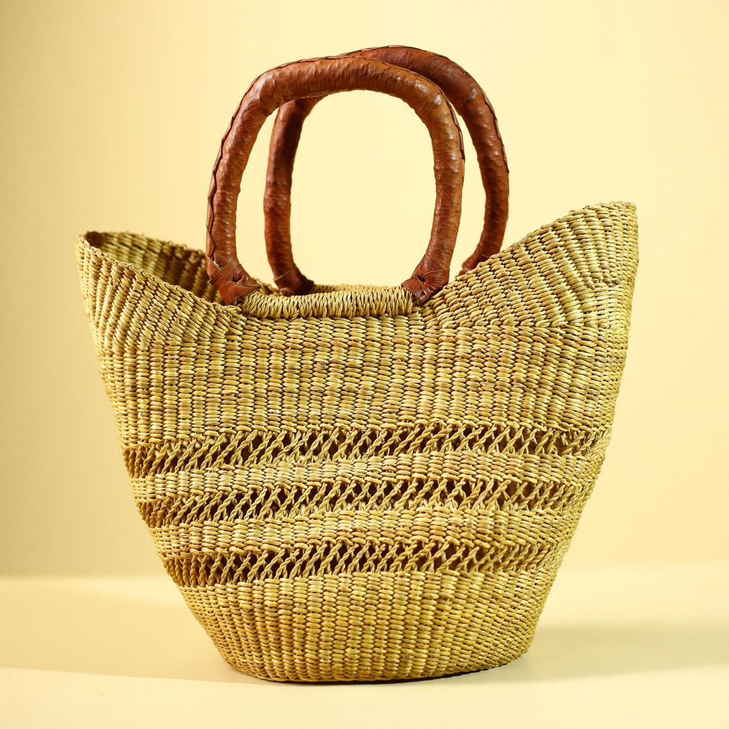 Handwoven Bolga Market Basket: Green Straw Tote Bag with Leather Handle-G5827
