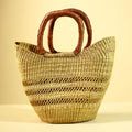 Handwoven Bolga Market Basket: Green Straw Tote Bag with Leather Handle-G5827