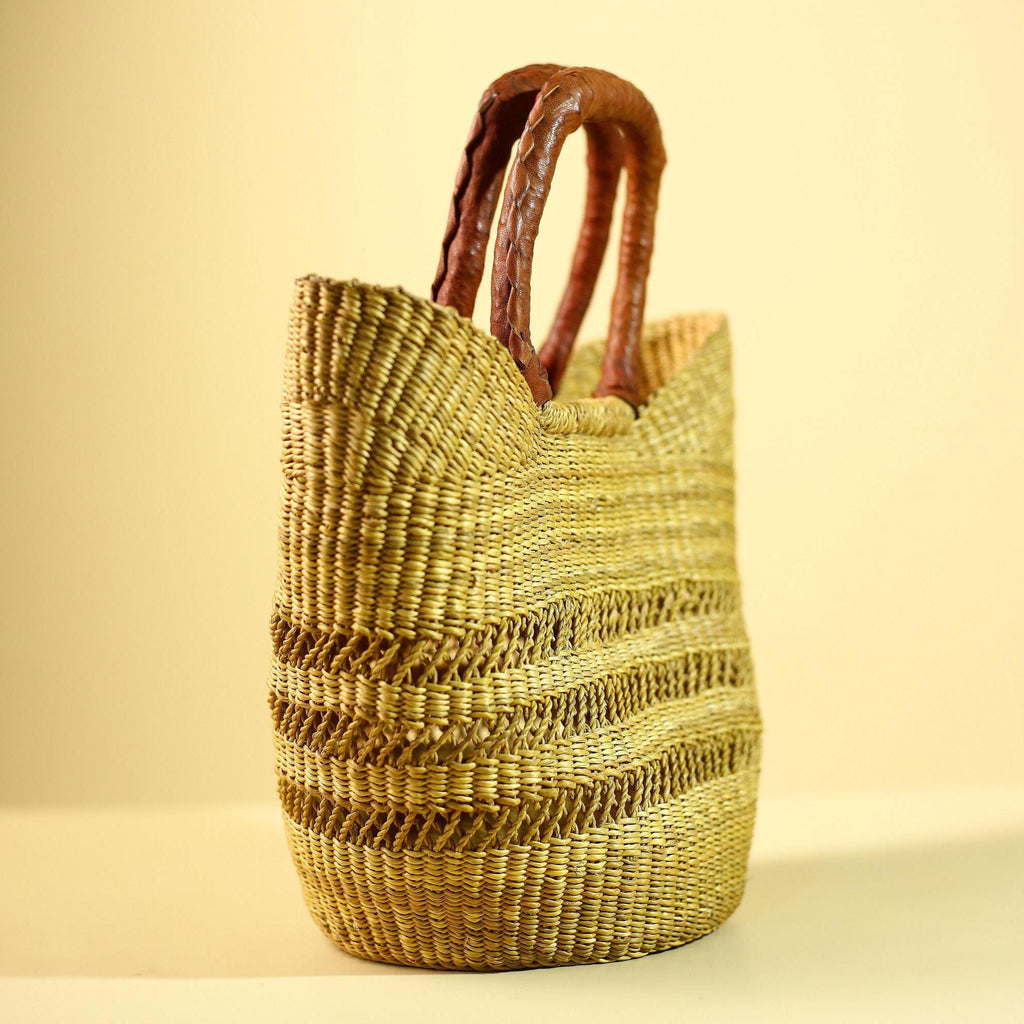 Handwoven Bolga Market Basket: Green Straw Tote Bag with Leather Handle-G5827
