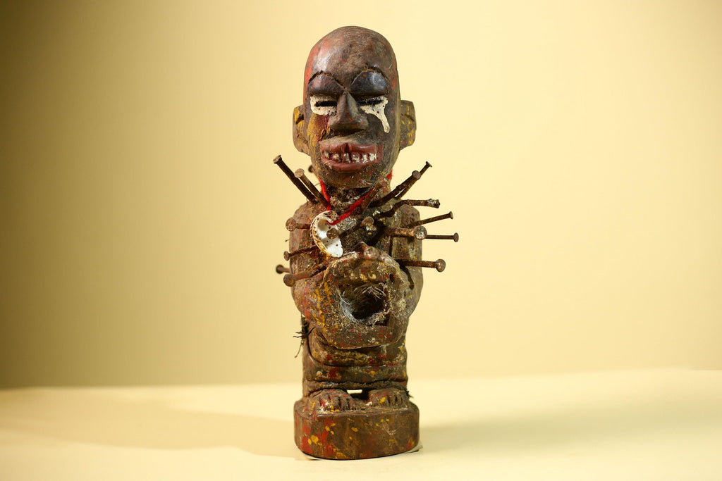 Kongo Nkisi Nkondi Figure: African Tribal Power Sculpture with Nails & Vines-G5828