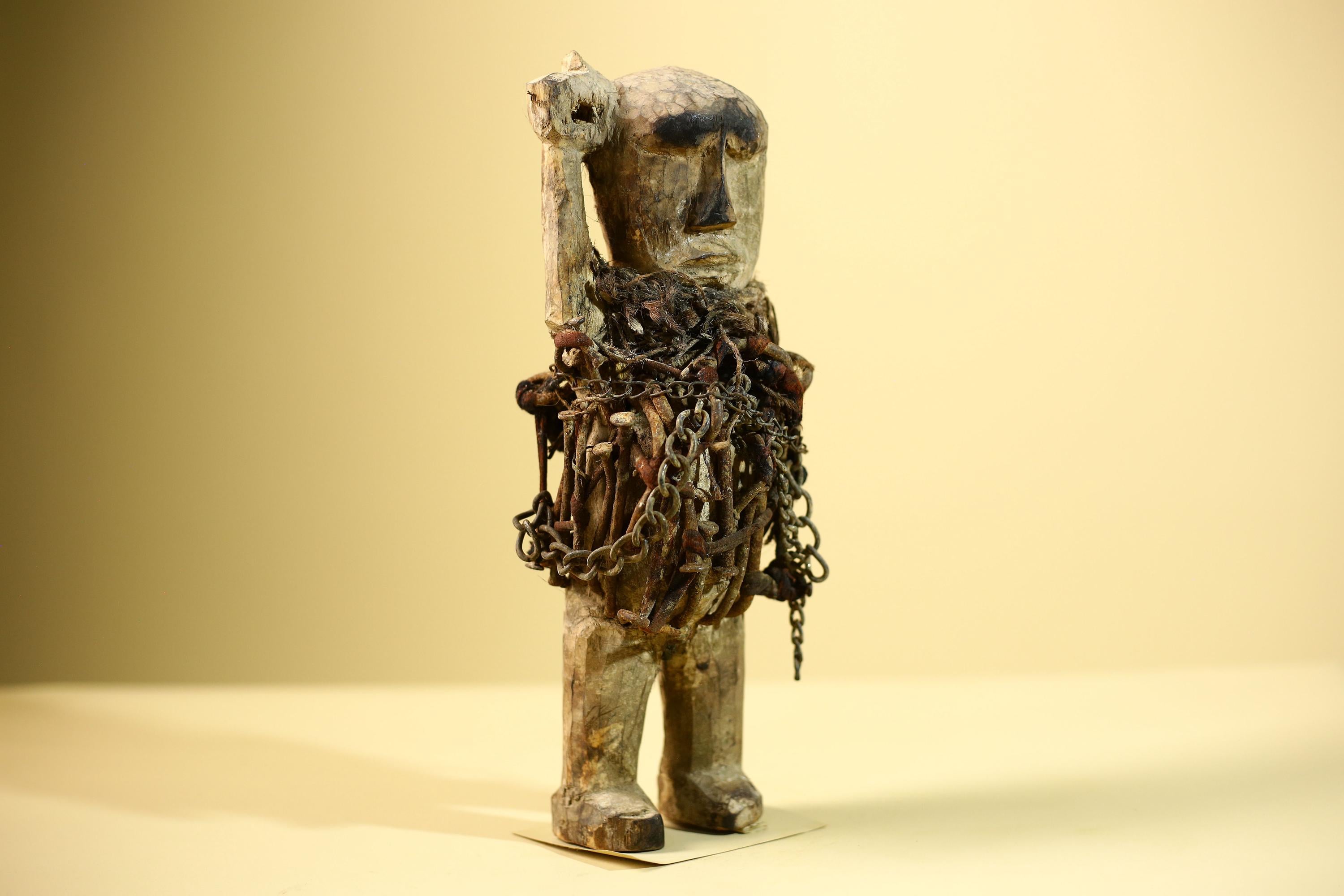 Kongo Nkisi Nkondi Figure: African Tribal Power Sculpture with Nails & Vines-G5829