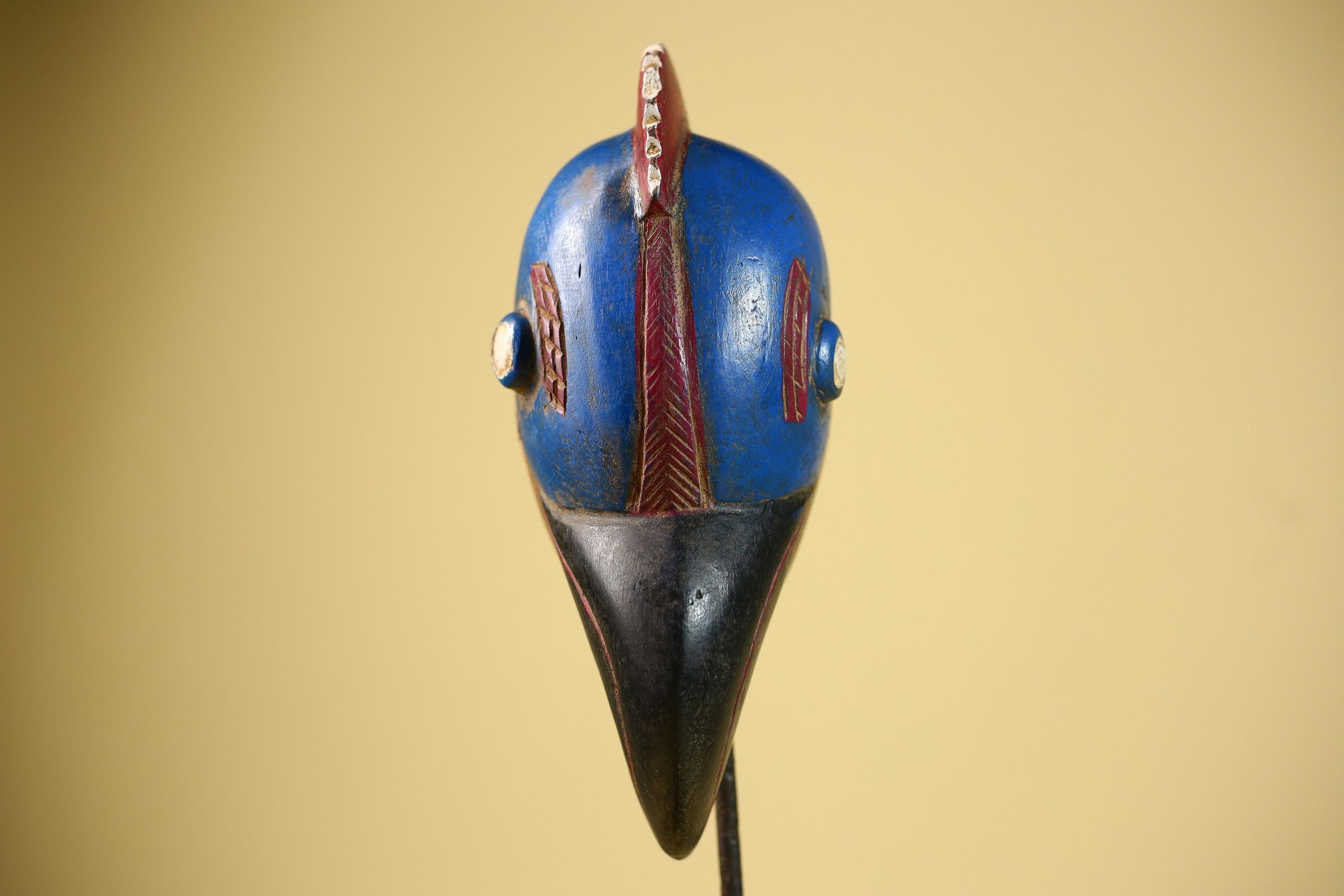 African Dan Bird Mask Blue Red Tribal Wood Carving Côte d’Ivoire Vintage Wall Art Handcrafted African Decor Collectible-G5831