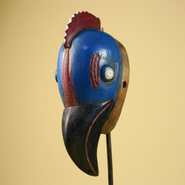 African Dan Bird Mask Blue Red Tribal Wood Carving Côte d’Ivoire Vintage Wall Art Handcrafted African Decor Collectible-G5831