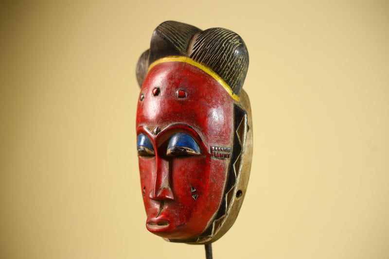 African Guro Mask Red Face Wood Côte d’Ivoire Tribal Art Wall Decor-G5832