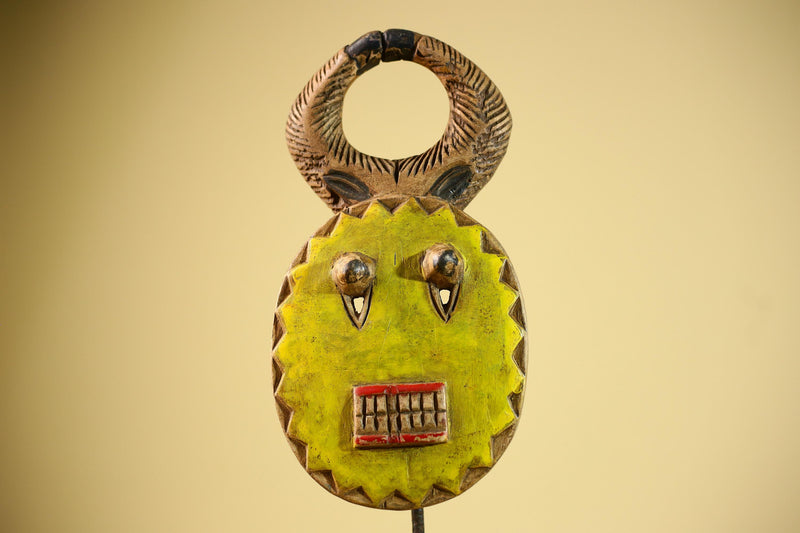 African Guro Mask Yellow Ring Crest Wood Côte d’Ivoire Tribal Art Wall Display Decor-G5834