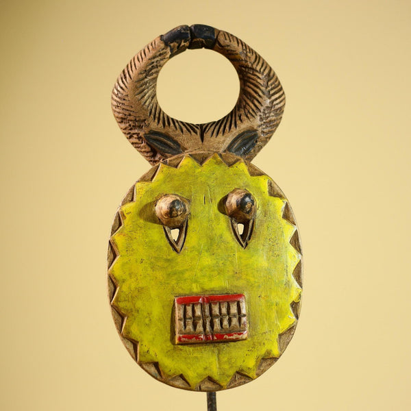 African Guro Mask Yellow Ring Crest Wood Côte d’Ivoire Tribal Art Wall Display Decor-G5834