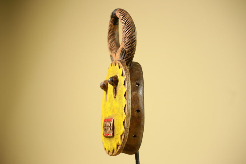 African Guro Mask Yellow Ring Crest Wood Côte d’Ivoire Tribal Art Wall Display Decor-G5834