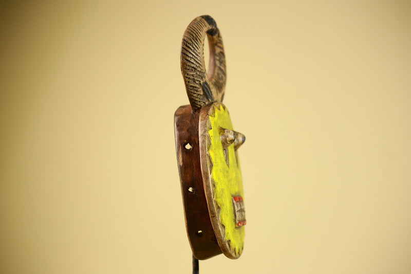 African Guro Mask Yellow Ring Crest Wood Côte d’Ivoire Tribal Art Wall Display Decor-G5834